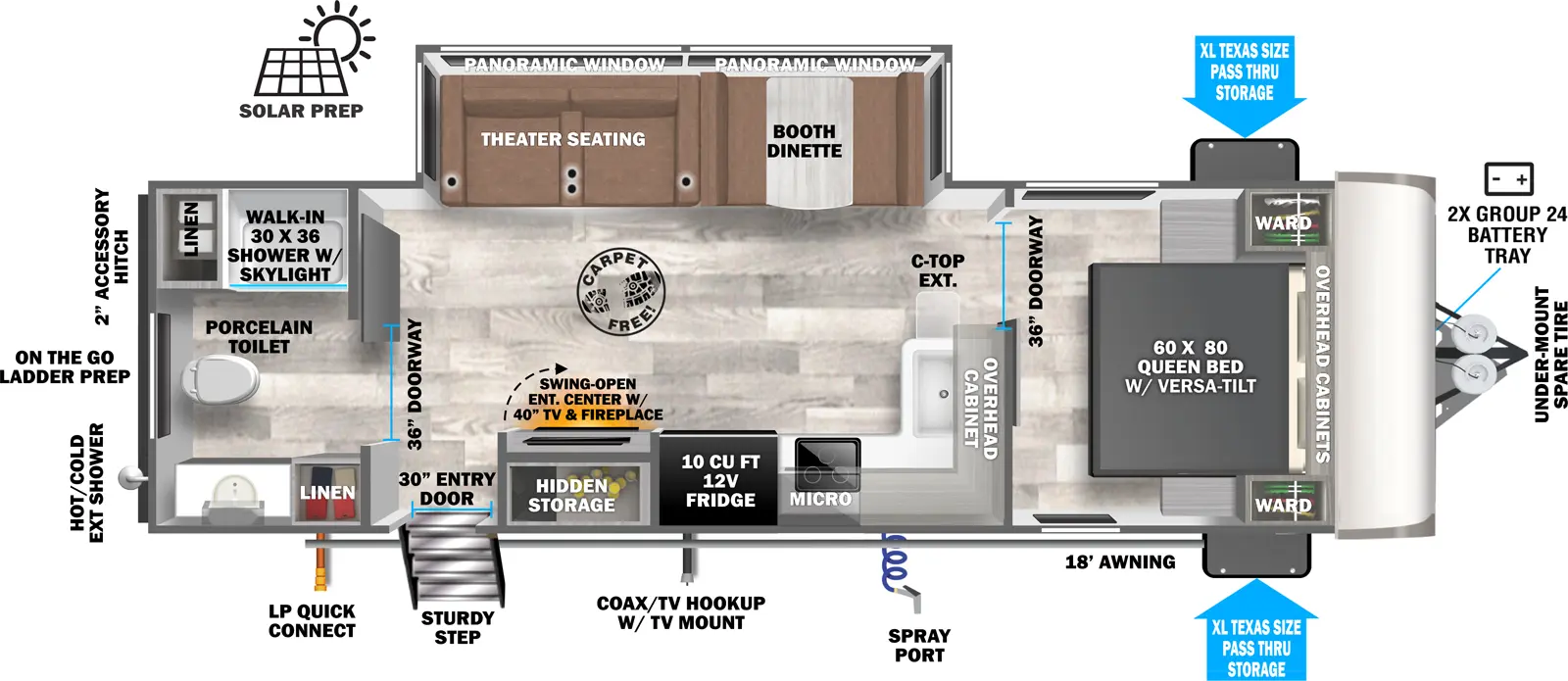The Heritage Glen Travel Trailers 25RBHL floorplan has one entry and one slide out. Exterior features include: fiberglass exterior, 18' awning and outside kitchen. Interiors features include: front bedroom and rear bathroom.